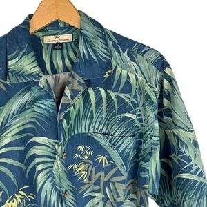 Tommy Bahama Mens Medium Silk Tropical Leaf Palm Print Camp Shirt Blue Green